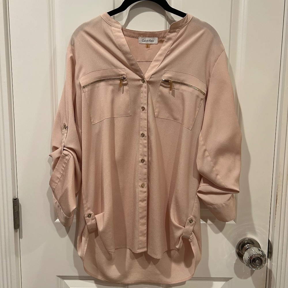 Calvin Klein Blush Pink Zip-Pocket Button Front Blouse – Size Medium